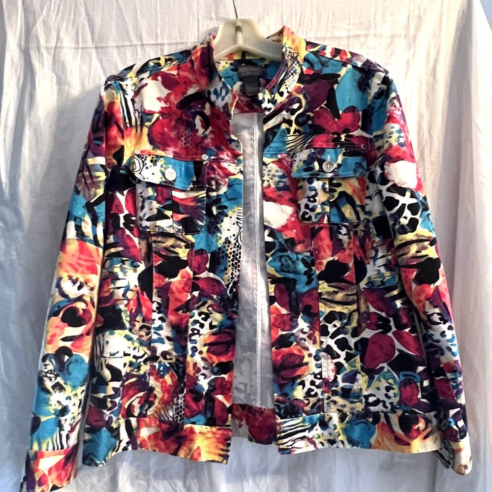 Chico's Abstract Artsy Colorful Floral Boho Hippi Wool Rayon Size 2 Jacket